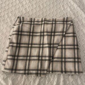 Plaid Faux Wrap Skirt - Cream and Gray